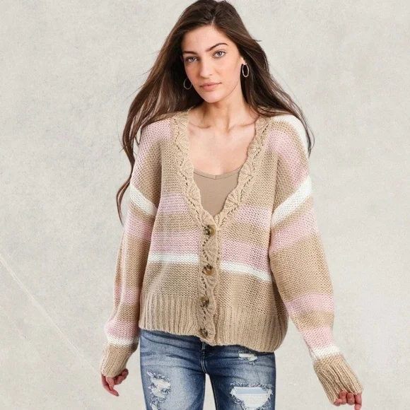 WISHLIST APPAREL Striped Button Front V-Neck Relaxed Sweater Cardigan-M/L NWT - Picture 4 of 5